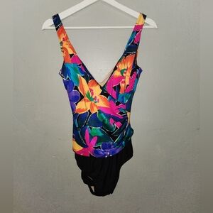 Vintage 1980s Robby Len Floral Drape One Piece Swimsuit